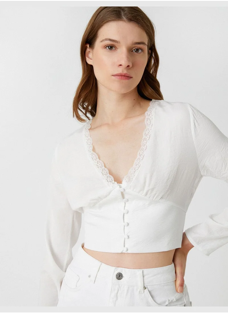 KOTON Crop Blouse Long Sleeve Lace Detail