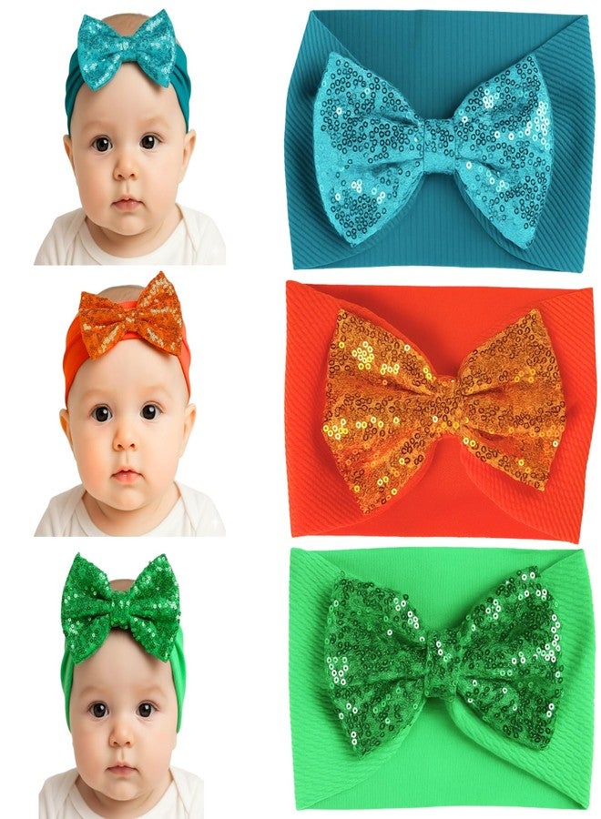 ANNACREATIONS ANNA CREATIONS 3 Pcs Baby Sequin Bow Headbands – Soft Stretchy Turban Style Hairbands for Newborns & Infants – Sparkly Blue, Orange, and Green Bows – Adorable Fashion Accessories for Baby Girls - Image 1