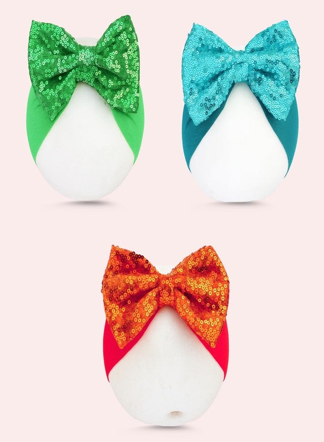ANNACREATIONS ANNA CREATIONS 3 Pcs Baby Sequin Bow Headbands – Soft Stretchy Turban Style Hairbands for Newborns & Infants – Sparkly Blue, Orange, and Green Bows – Adorable Fashion Accessories for Baby Girls - Image 4