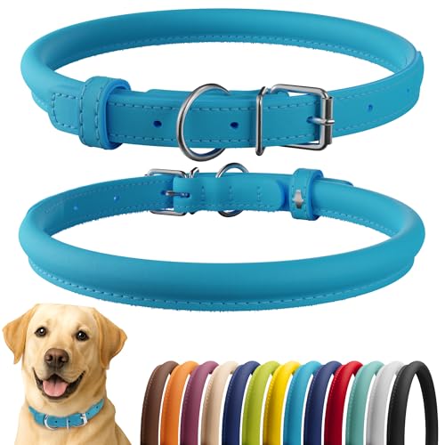 CollarDirect Rolled Leather Dog Collar, Soft Padded Round Puppy Collar, Handmade Genuine Leather Collar Dog Small Large Cat Collars 13 Colors (18-22 Inch, Light Blue Smooth) - Image 1