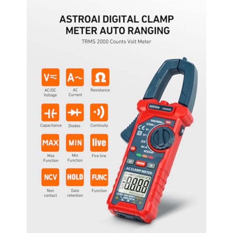 Digital Clamp Meter Multimeter 2000 Counts Amp Voltage Tester Auto-ranging with AC/DC Voltage, AC Current, Resistance, Capacitance, Continuity, Live Wire Test, Non-Contact Voltage Detection - Image 2