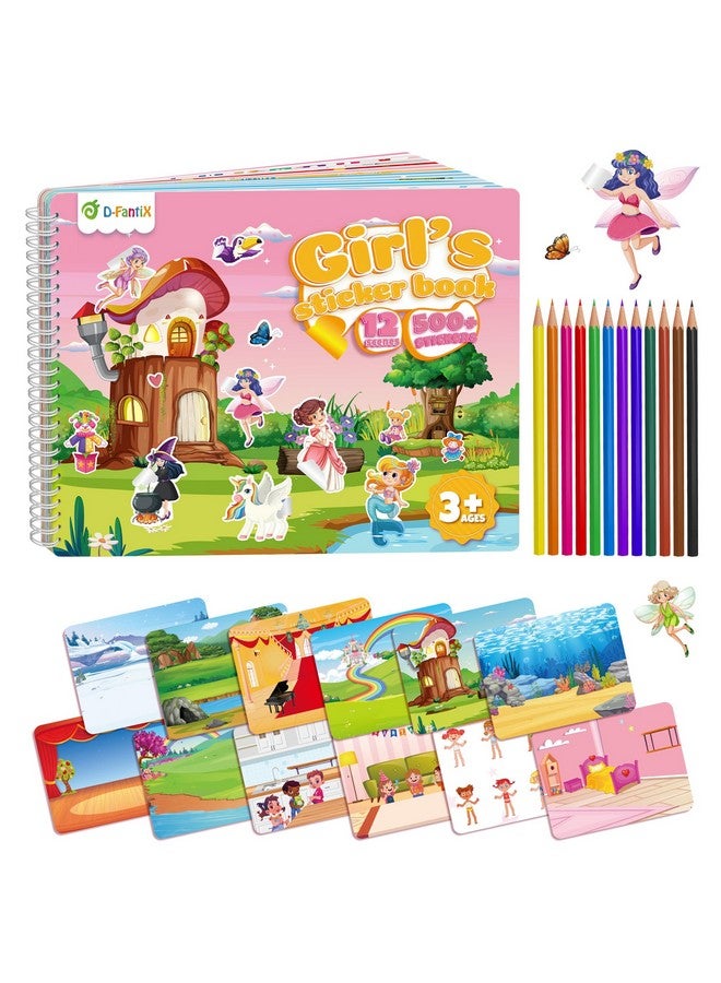D-FantiX Girl's Sticker Book for Kids, Unicorn Mermaid Flower Fairy Animal 12 Unique Scenes and 500+ Stickers, Toddler Airplane Travel Road Trip Essentials Activity Book, Arts & Craft Gift for Age 3-8 - Image 1