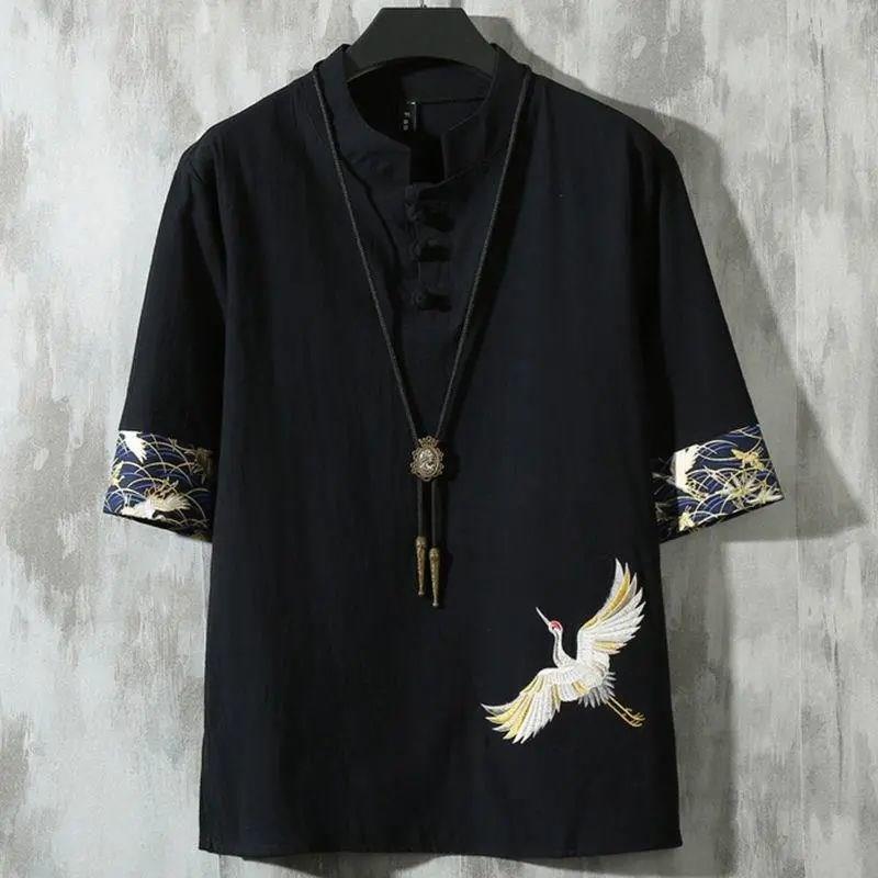 Trendy Brand Summer Chinese Style Linen Short-sleeved T-shirt Men's Trendy Youth Half-sleeved Thin Men's Cotton and Linen Base Shirt - Image 1