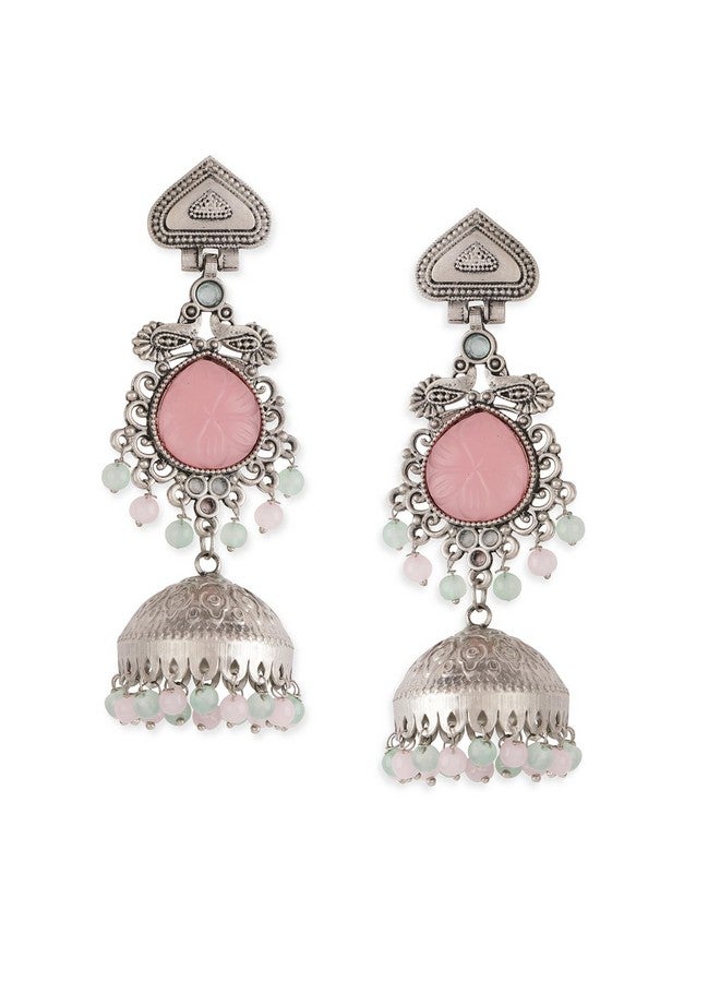 Rubans Women's Silver-Plated Oxidised Jhumka Earrings With Pastel Pink Resin Gemstone & Mint Green Beads - Image 1