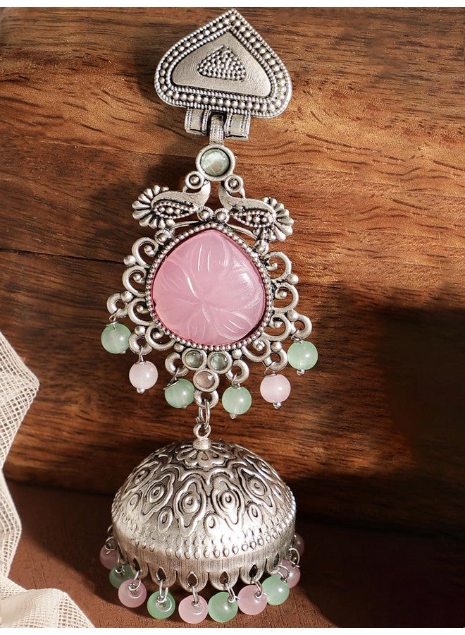 Rubans Women's Silver-Plated Oxidised Jhumka Earrings With Pastel Pink Resin Gemstone & Mint Green Beads - Image 2