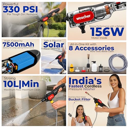 Woscher AquaVolt Cordless Portable Wireless Pressure Washer for Car Wash Bike Washing and Multipurpose Cleaning | 156W | 7500mAh | 330 PSI | Triple Battery | |10L/Min | 12+6 Months Warranty - Image 2