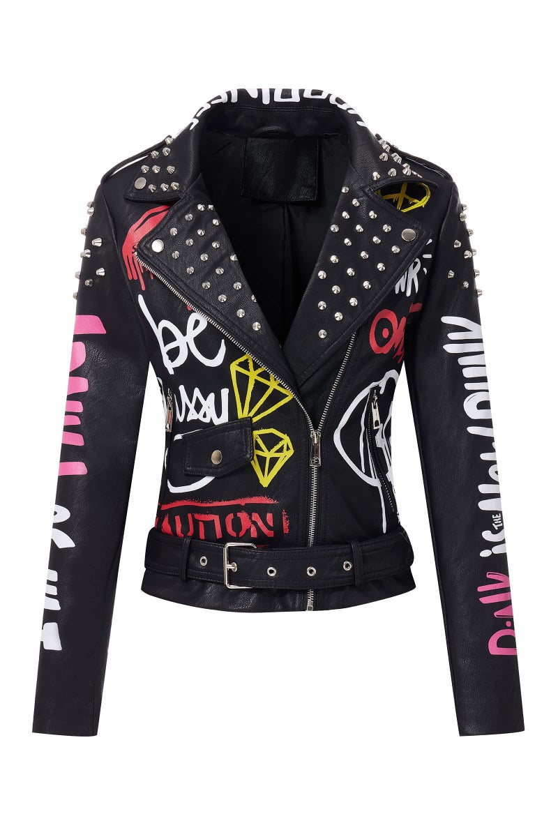RISISSIDA Studded Leather Jacket Women Moto Motorcycle Faux Leather Short Coat Black 0480 L - Image 2