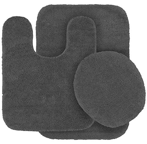 Linen Plus 3pc Solid Non Slip Soft Bath Rug Set for Bathroom U-Shaped Contour Rug, Mat and Toilet Lid Cover New# Angela (Charcoal) - Image 3