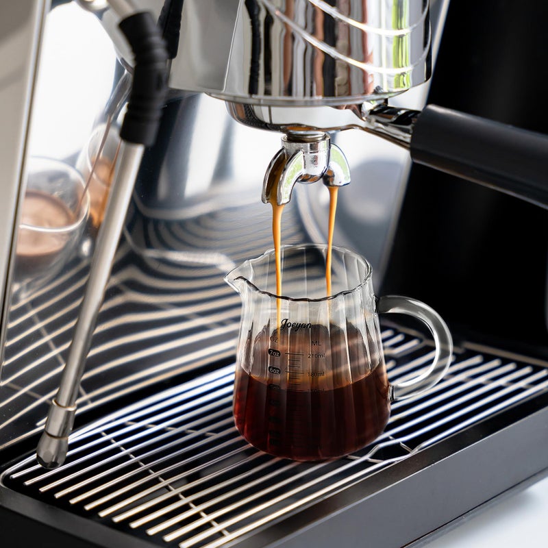 Joeyan 7 oz Glass Measuring Cups with Spout,Borosilicate Large Glass Triple Pitcher with Scale,Origami Style Espresso Shot Glasses with Wood Handle for Coffee Milk - Image 2
