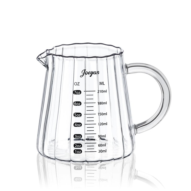 Joeyan 7 oz Glass Measuring Cups with Spout,Borosilicate Large Glass Triple Pitcher with Scale,Origami Style Espresso Shot Glasses with Wood Handle for Coffee Milk - Image 1