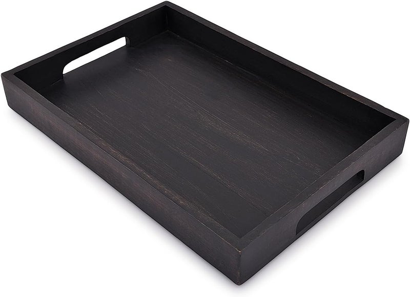 EDHAS Acacia Wood Rectangle Black Serving Tray for Breakfast Dinner Drinks Kitchen Dining Living Bathroom with Handle 15 x 10 x 16 - Image 1