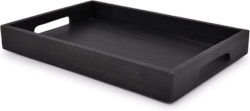 EDHAS Acacia Wood Rectangle Black Serving Tray for Breakfast Dinner Drinks Kitchen Dining Living Bathroom with Handle 15 x 10 x 16 - Image 2