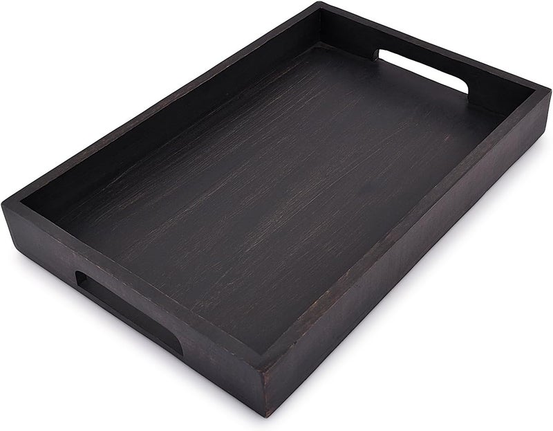 EDHAS Acacia Wood Rectangle Black Serving Tray for Breakfast Dinner Drinks Kitchen Dining Living Bathroom with Handle 15 x 10 x 16 - Image 4