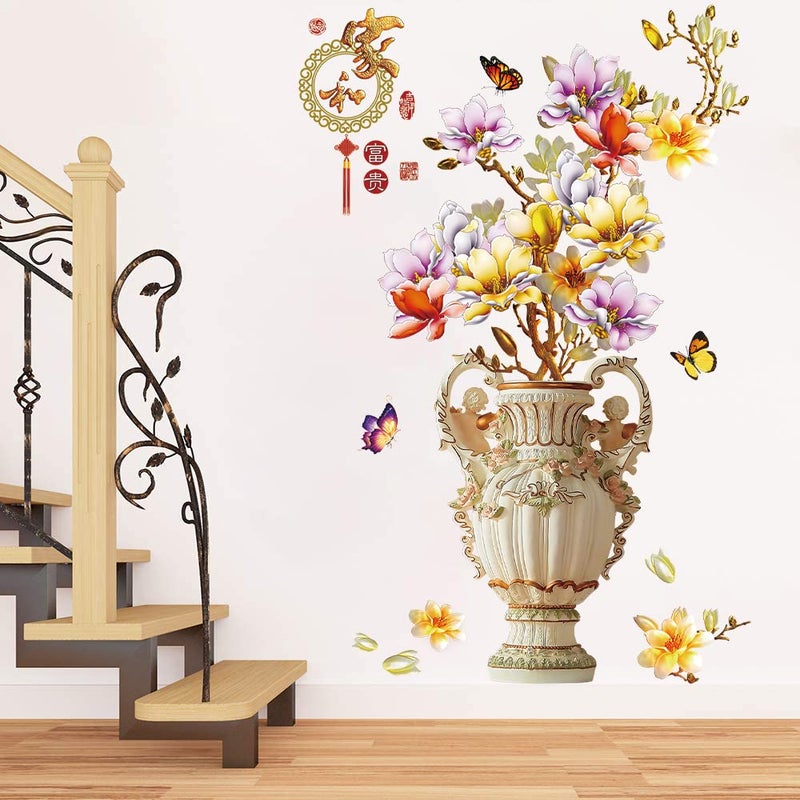 Supzone Chinese Style Vase Wall Sticker Gold Peony Flower Wall Decal Flying Butterflies Wall Decor DIY Vinyl Mural Art for Bedroom Living Room Offices Wall Decoration - Image 2