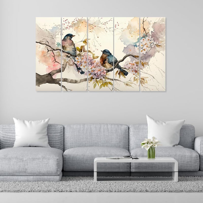DEKORSTATION Multiple Frames Beautiful Bird Nature Wall Painting for Living Room Bedroom Office Hotels Drawing Room Wooden Framed Digital Painting dspnl529