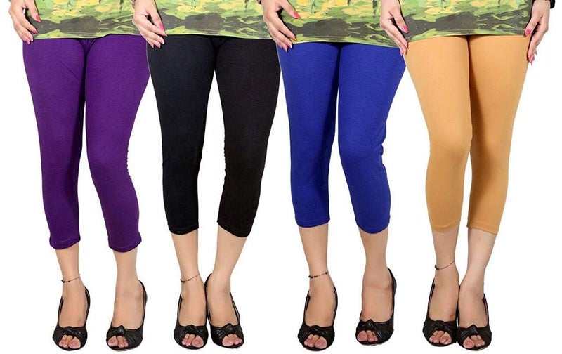 FEELBLUE Premium Cotton Strachable Women's Casual/Gym/Sports 3/4th Capri,Free Size, Pack of 4 Capri - Image 1