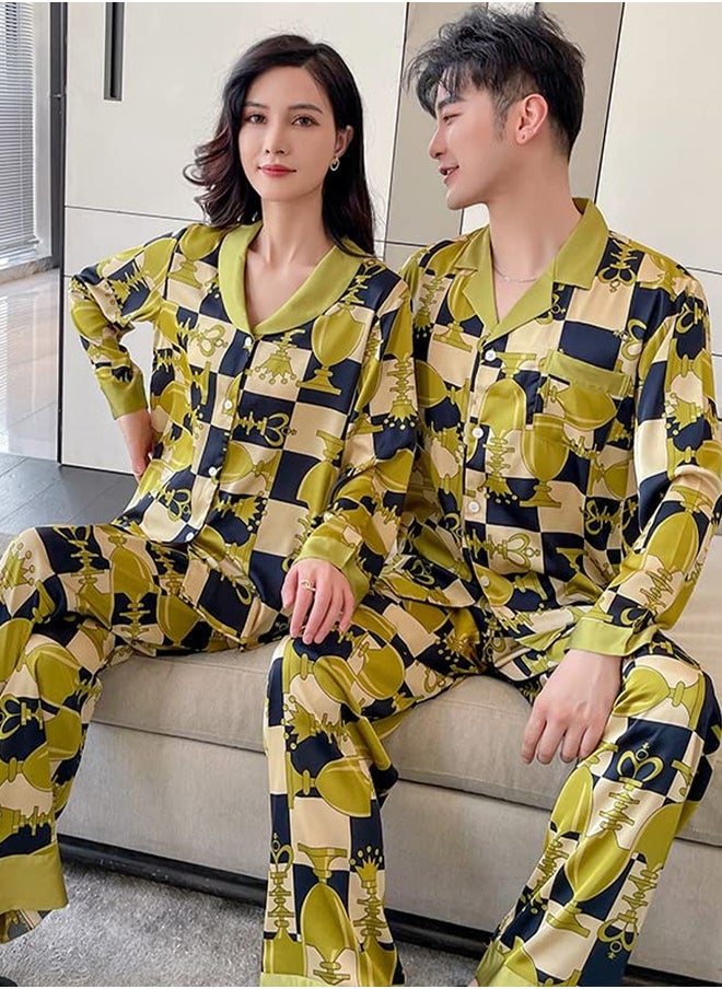 MARGOUN Couple Pajamas Button Up Set 2 Pieces Sleepwear Long Sleeve Shirt and Pants Ins Style Spring Summer Autumn Polyster Thin Fashion Print Open Collar Pajamas Women Men's Loungewear MG14  - Image 1
