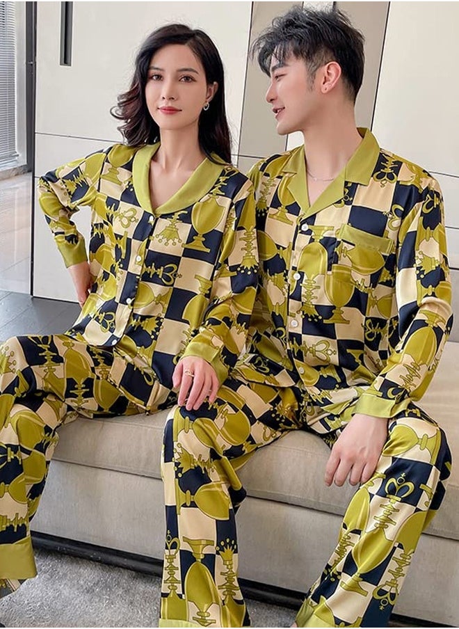 MARGOUN Couple Pajamas Button Up Set 2 Pieces Sleepwear Long Sleeve Shirt and Pants Ins Style Spring Summer Autumn Polyster Thin Fashion Print Open Collar Pajamas Women Men's Loungewear MG14  - Image 5