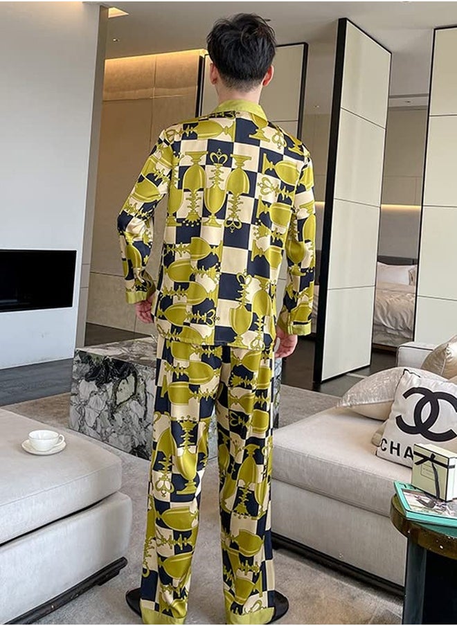 MARGOUN Couple Pajamas Button Up Set 2 Pieces Sleepwear Long Sleeve Shirt and Pants Ins Style Spring Summer Autumn Polyster Thin Fashion Print Open Collar Pajamas Women Men's Loungewear MG14  - Image 3