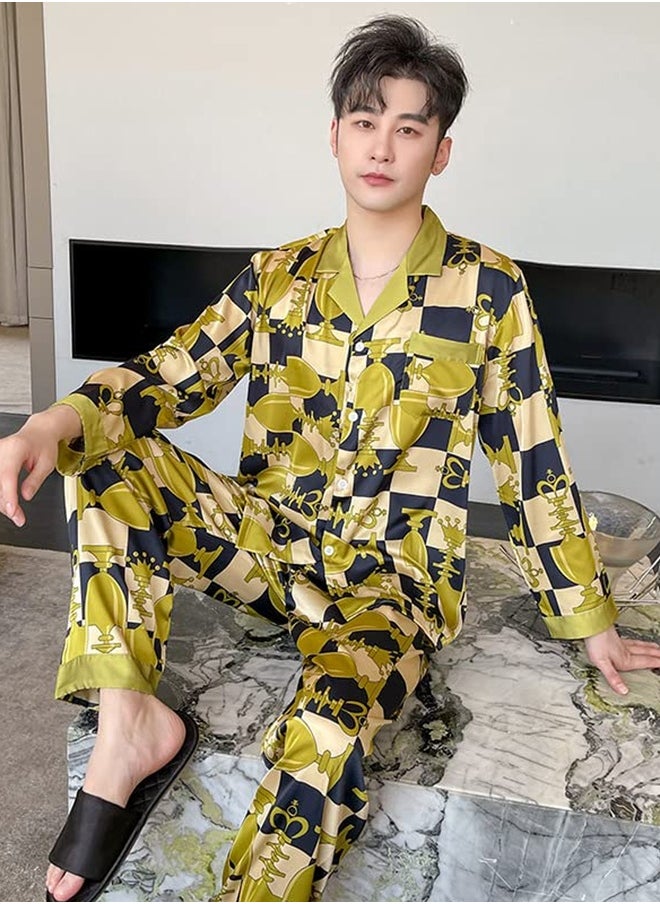 MARGOUN Couple Pajamas Button Up Set 2 Pieces Sleepwear Long Sleeve Shirt and Pants Ins Style Spring Summer Autumn Polyster Thin Fashion Print Open Collar Pajamas Women Men's Loungewear MG14  - Image 4