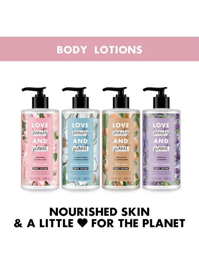 لاف بيوتي أند بلانيت - لوشن الجسم المهدئ والهادئ من Love Beauty and Planet لبشرة مُهدئة، بزيت الأرغان واللافندر، مكونات طبيعية، مرطبات نباتية، نباتي، خالٍ من القسوة، 13.5 أونصة - Image 1