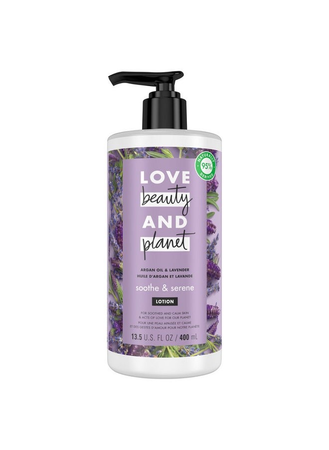 لاف بيوتي أند بلانيت - لوشن الجسم المهدئ والهادئ من Love Beauty and Planet لبشرة مُهدئة، بزيت الأرغان واللافندر، مكونات طبيعية، مرطبات نباتية، نباتي، خالٍ من القسوة، 13.5 أونصة - Image 1