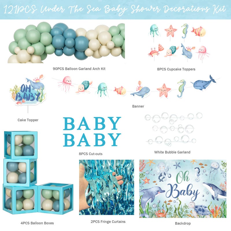 Fiesec Under The Sea Baby Shower Decorations â€“ 121Pcs Ocean Theme Party Supplies with Underwater Party Decor Backdrop, Blue Green Balloon Garland, Banner, Fringe Curtain, Boxes - Image 2