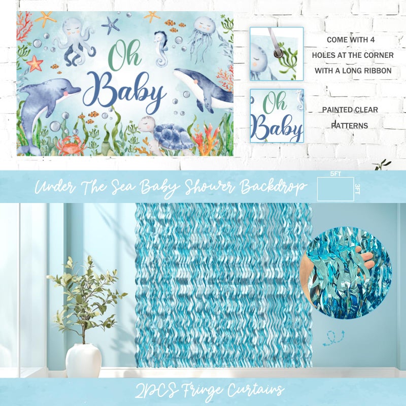 Fiesec Under The Sea Baby Shower Decorations â€“ 121Pcs Ocean Theme Party Supplies with Underwater Party Decor Backdrop, Blue Green Balloon Garland, Banner, Fringe Curtain, Boxes - Image 5