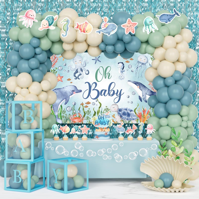Fiesec Under The Sea Baby Shower Decorations â€“ 121Pcs Ocean Theme Party Supplies with Underwater Party Decor Backdrop, Blue Green Balloon Garland, Banner, Fringe Curtain, Boxes - Image 1