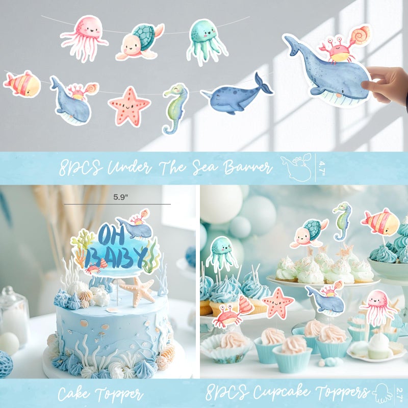 Fiesec Under The Sea Baby Shower Decorations â€“ 121Pcs Ocean Theme Party Supplies with Underwater Party Decor Backdrop, Blue Green Balloon Garland, Banner, Fringe Curtain, Boxes - Image 4