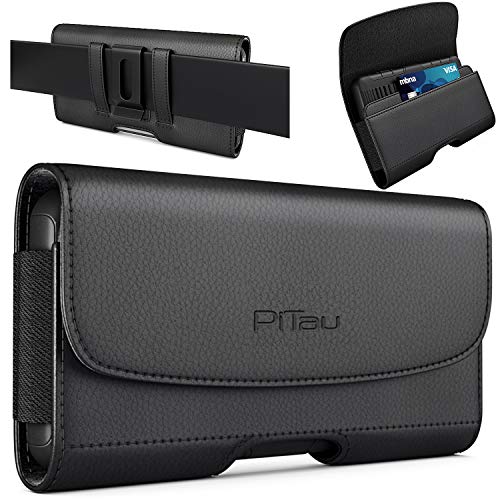 PiTau Holster for iPhone Pro Max & Plus 16, 15, 14, 13, 12, 11, 8, 7, 6, 6s, Xs Max, Cell Phone Case with Belt Clip ID Card Holder for Samsung Galaxy S25+ Note 10+, Fits with Otterbox, Black Large - Image 1