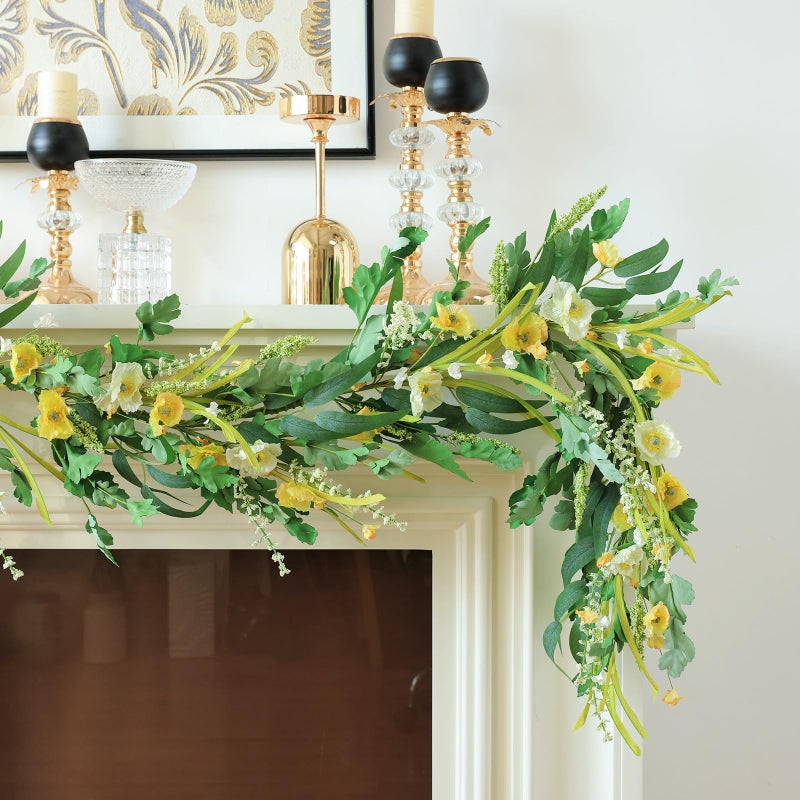 Mizii Yellow Artificial Flower Garland 6Ft Fake Poppy Floral Garland Hanging Vines Spring Summer Flowers Decorations For Mantle Table Centerpieces Room Wall Fireplace Wedding Decor (Yellow) - Image 4