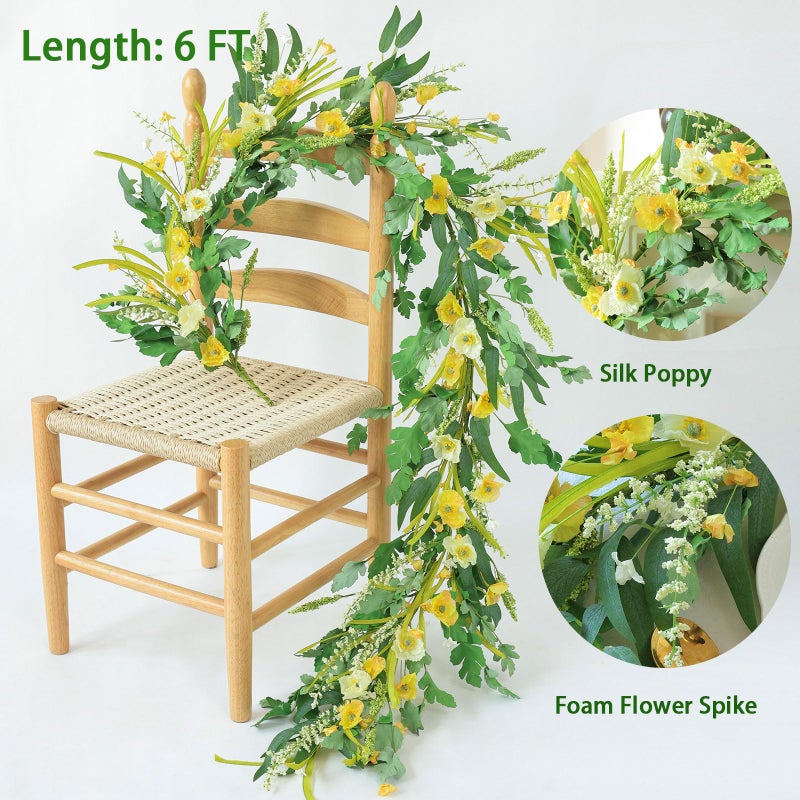 Mizii Yellow Artificial Flower Garland 6Ft Fake Poppy Floral Garland Hanging Vines Spring Summer Flowers Decorations For Mantle Table Centerpieces Room Wall Fireplace Wedding Decor (Yellow) - Image 2