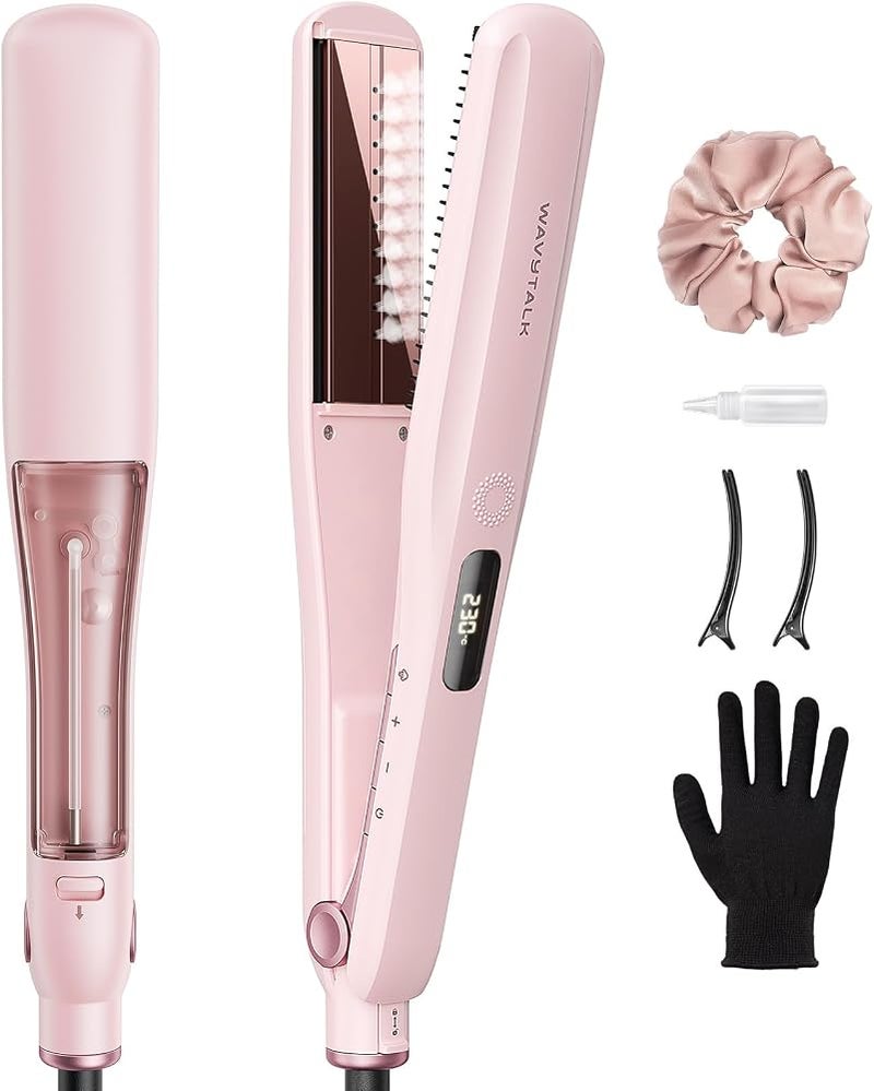 Wavytalk Steam Hair Straightener, Steam Sesh, Steam Reduces Damage, Nourishes Hair & Expedites Straightening, 1.38'' Nano Titanium Flat Iron with Detachable Comb for Silk Press Smoothing, Sakura Pink - Image 1