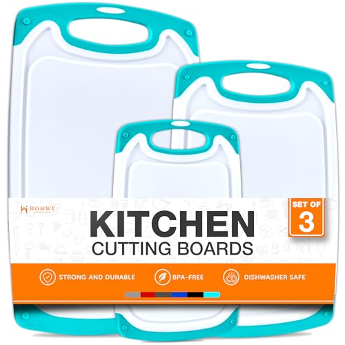 HOMWE Cutting Boards for Kitchen - BPA-Free Chopping Board - Different Sizes & Non Slip Handles - Reversible, Large Cutting Board Set - Unique Gifts for Cooks Who Have Everything - 3-Pack Aqua - Image 1