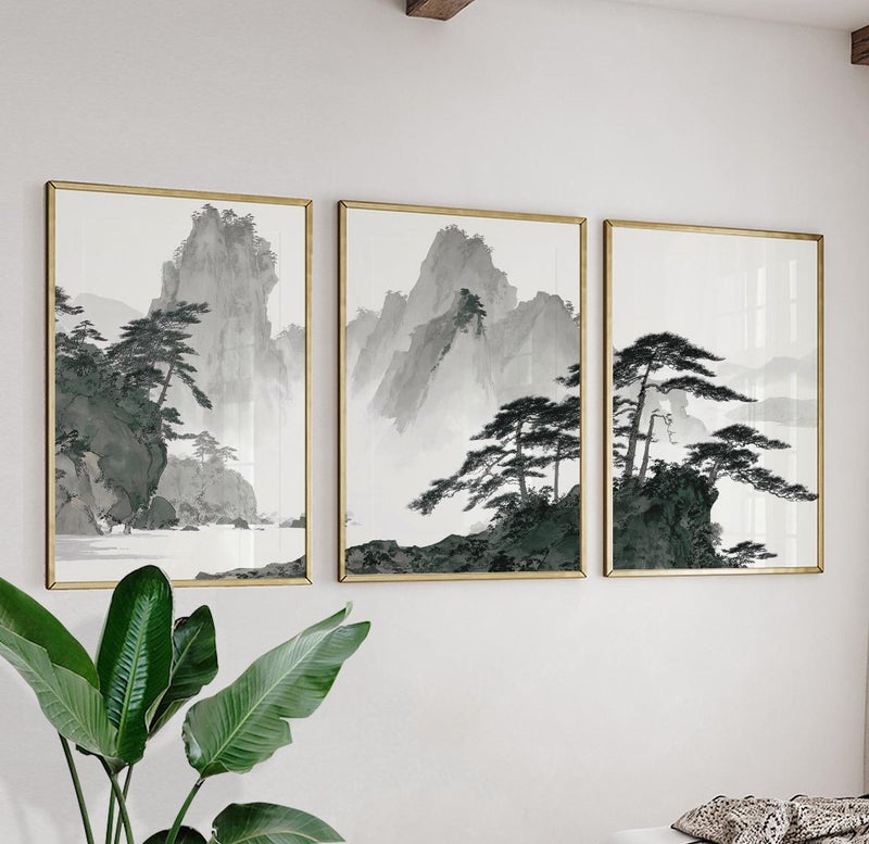 TNESSENTIAL Mountain Landscape Poster, Set Of 3 Chinese Ink Wash Print - Image 1