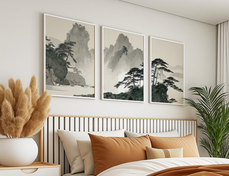 TNESSENTIAL Mountain Landscape Poster, Set Of 3 Chinese Ink Wash Print - Image 2