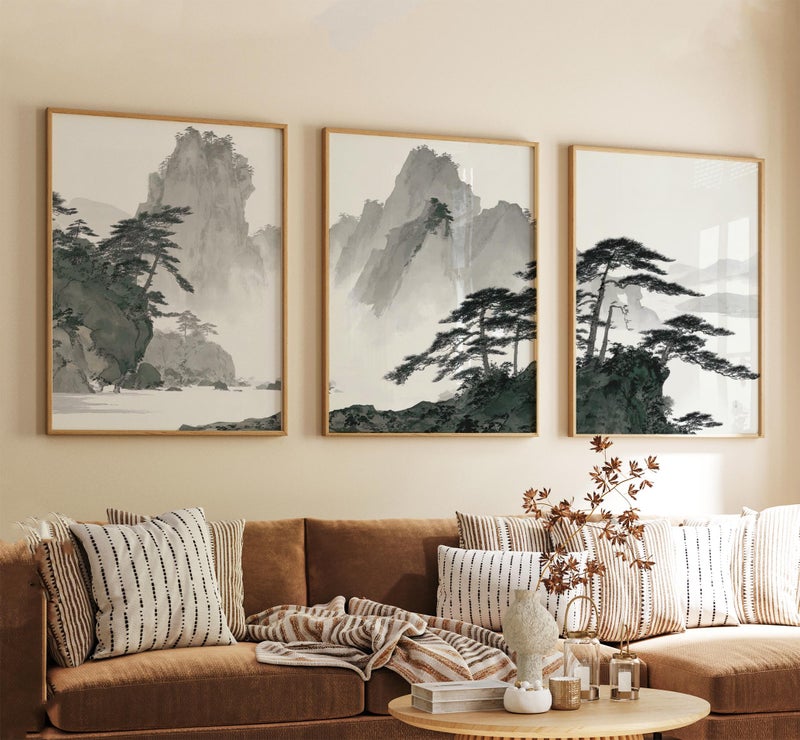 TNESSENTIAL Mountain Landscape Poster, Set Of 3 Chinese Ink Wash Print - Image 3