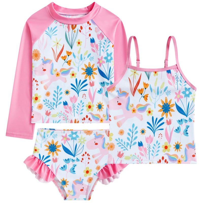 swimsobo Little Girl Rash Guard Pink Unicorn Swimsuits for 3 4 Years 3Piece Bathing Suit Sun Protection Tankini Sets Long Sleeve Child Swimwear - Image 2
