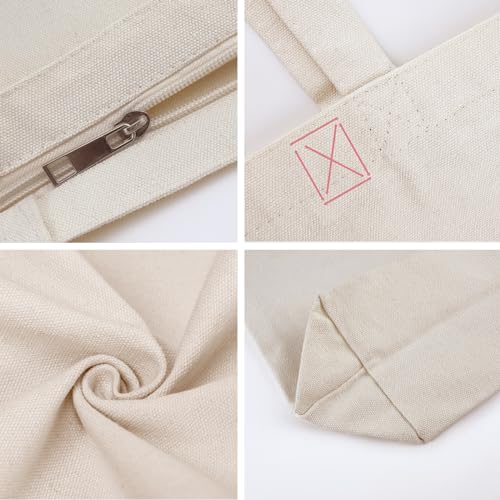 Koolmox Canvas Tote Bags with Zipper, 6-Pack 17x14'' Cotton Tote Bag with Flat Bottom, Reusable Washable Grocery Shopping Bags Plain Totes for Women DIY Art Crafts Painting Embroidery Decoration - Image 2