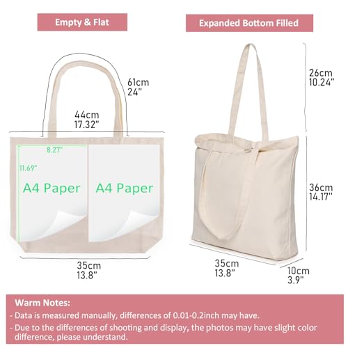 Koolmox Canvas Tote Bags with Zipper, 6-Pack 17x14'' Cotton Tote Bag with Flat Bottom, Reusable Washable Grocery Shopping Bags Plain Totes for Women DIY Art Crafts Painting Embroidery Decoration - Image 5