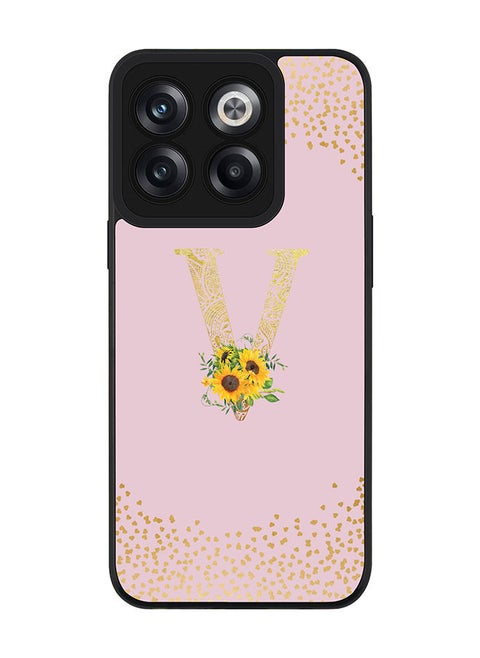 Rugged Black edge case for OnePlus 10T Slim fit Soft Case Flexible Rubber Edges Anti Drop TPU Gel Thin Cover - Custom Monogram Initial Letter Floral Pattern Alphabet - V (Pink )