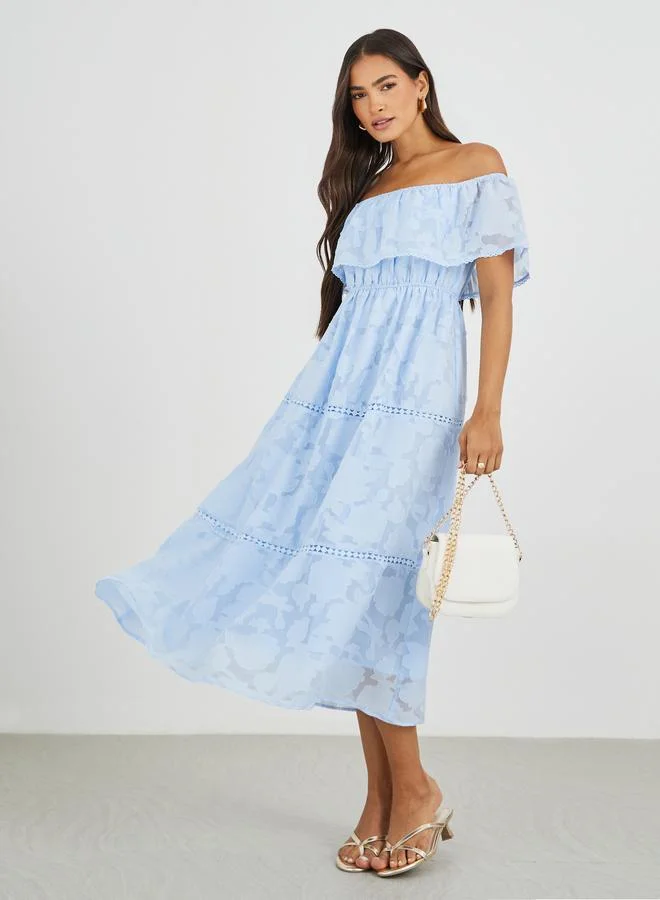 ستايلي Styli Lace Detail Off Shoulder Tiered Midi Dress