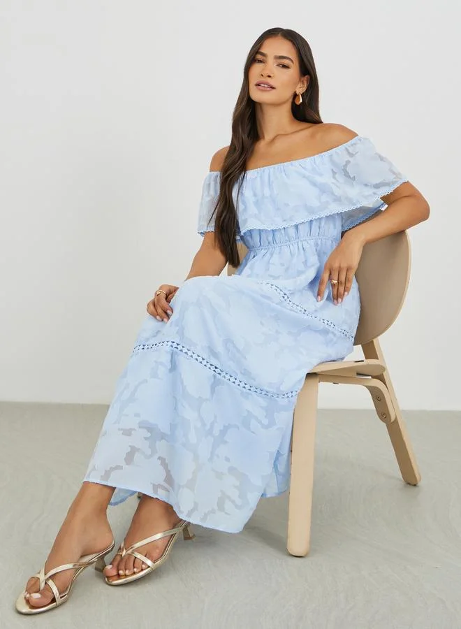 ستايلي Styli Lace Detail Off Shoulder Tiered Midi Dress