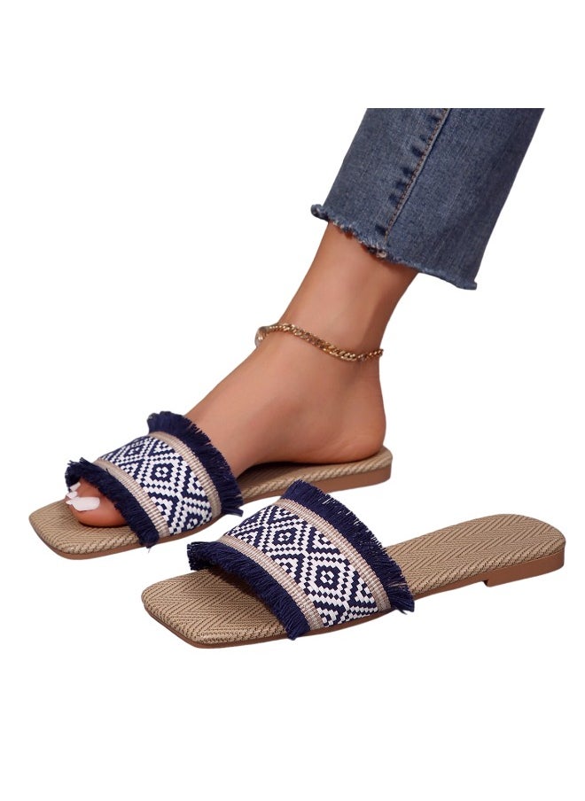 Rup Art Vacation Slide Sandals Women Geometric Pattern Fringe Decor Fabric Sandals for Ladies  - Image 1