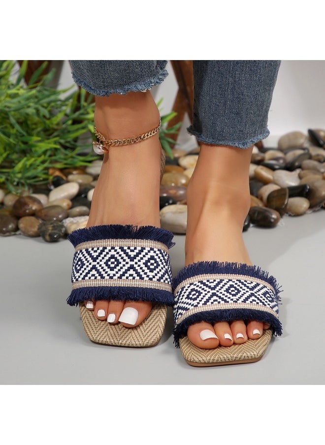 Rup Art Vacation Slide Sandals Women Geometric Pattern Fringe Decor Fabric Sandals for Ladies  - Image 3