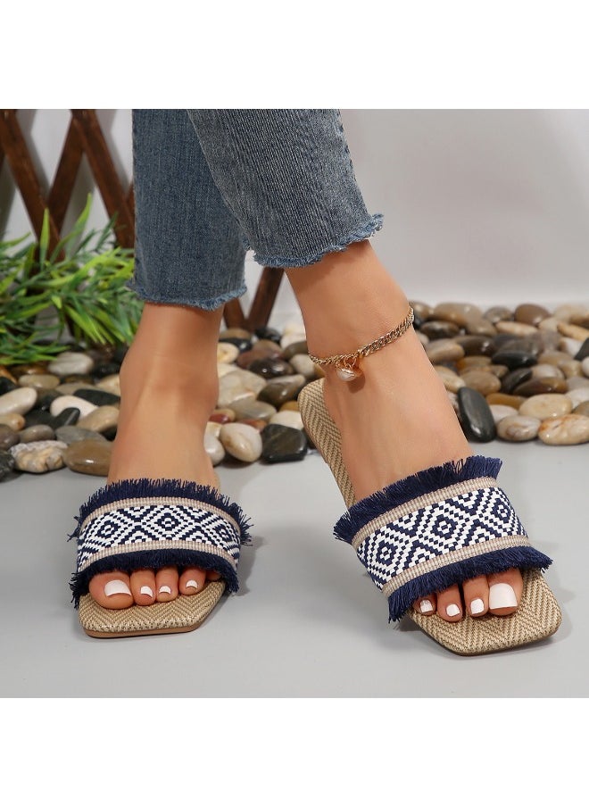 Rup Art Vacation Slide Sandals Women Geometric Pattern Fringe Decor Fabric Sandals for Ladies  - Image 4