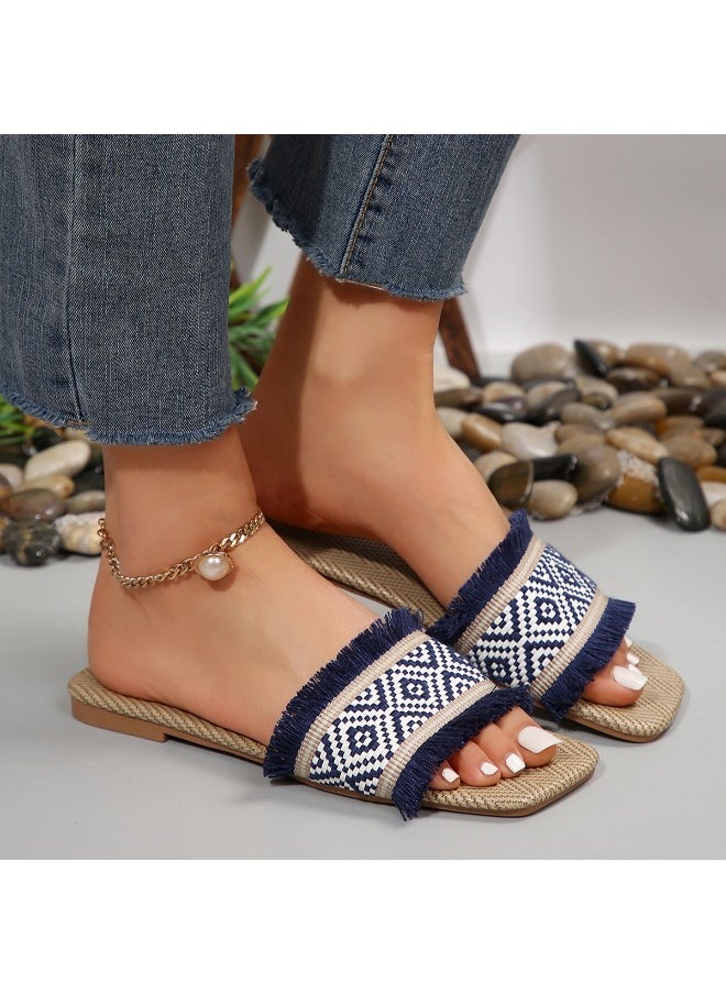 Rup Art Vacation Slide Sandals Women Geometric Pattern Fringe Decor Fabric Sandals for Ladies  - Image 5