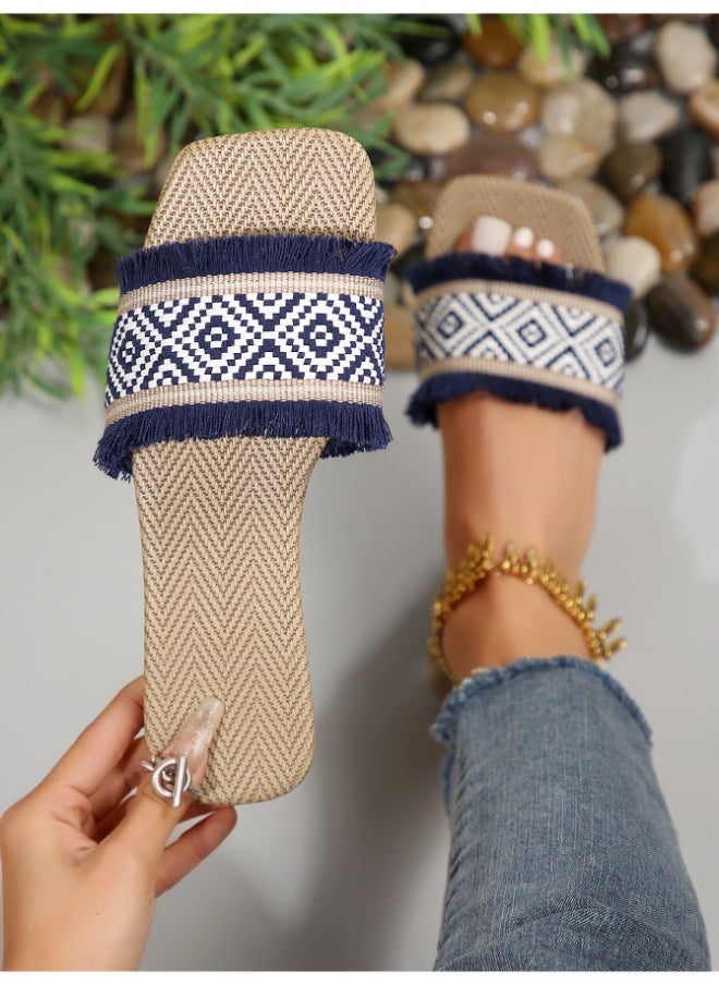 Rup Art Vacation Slide Sandals Women Geometric Pattern Fringe Decor Fabric Sandals for Ladies  - Image 2