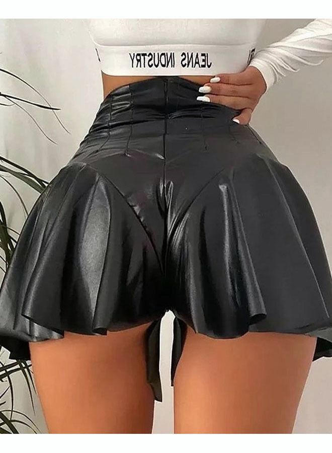 NIBEMINENT Women's Fashion Pleated Shorts Skirt PU Leather High Waist Zip Closure Built in Versatile  - Image 3